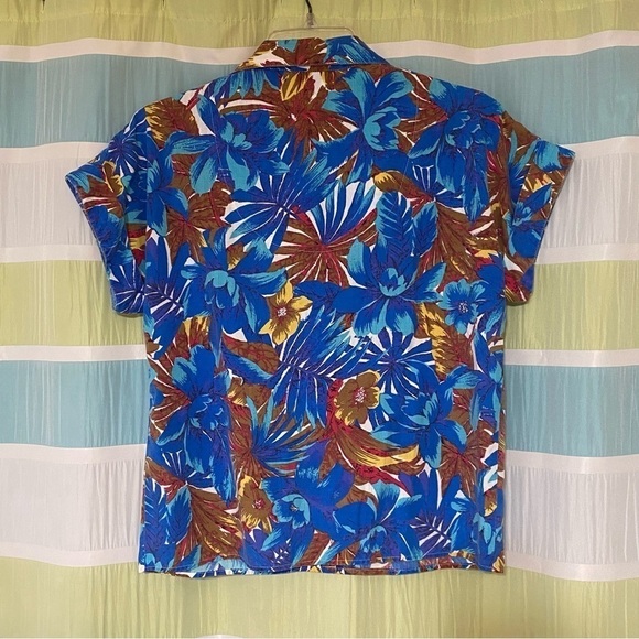 Vintage Hawaiian Shirt Button Down Blue & Brown Sz Small - Picture 8 of 10